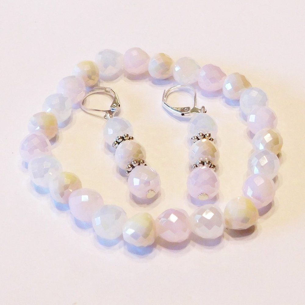Handmade Pink & White Glass Beaded Stretch Bracelet & Matching Earrings …